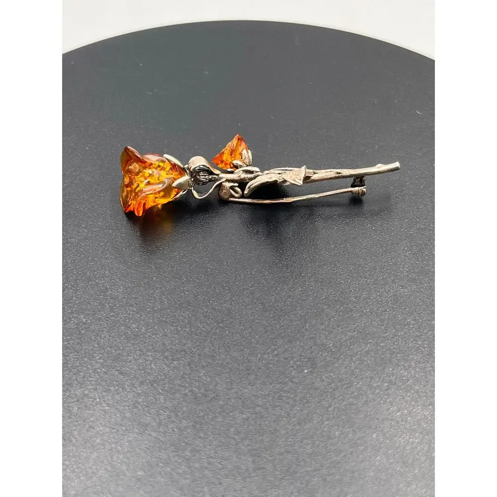 Baltic Cognac Amber Double Rose Brooch 925 Sterling‎ Silver Hand Carved Signed